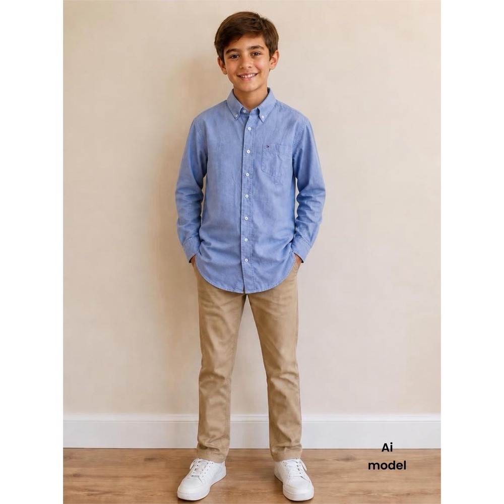 Tommy Hilfiger Boys XL 20 Light‎ Blue Long Sleeve Button Down Oxford Shirt Logo